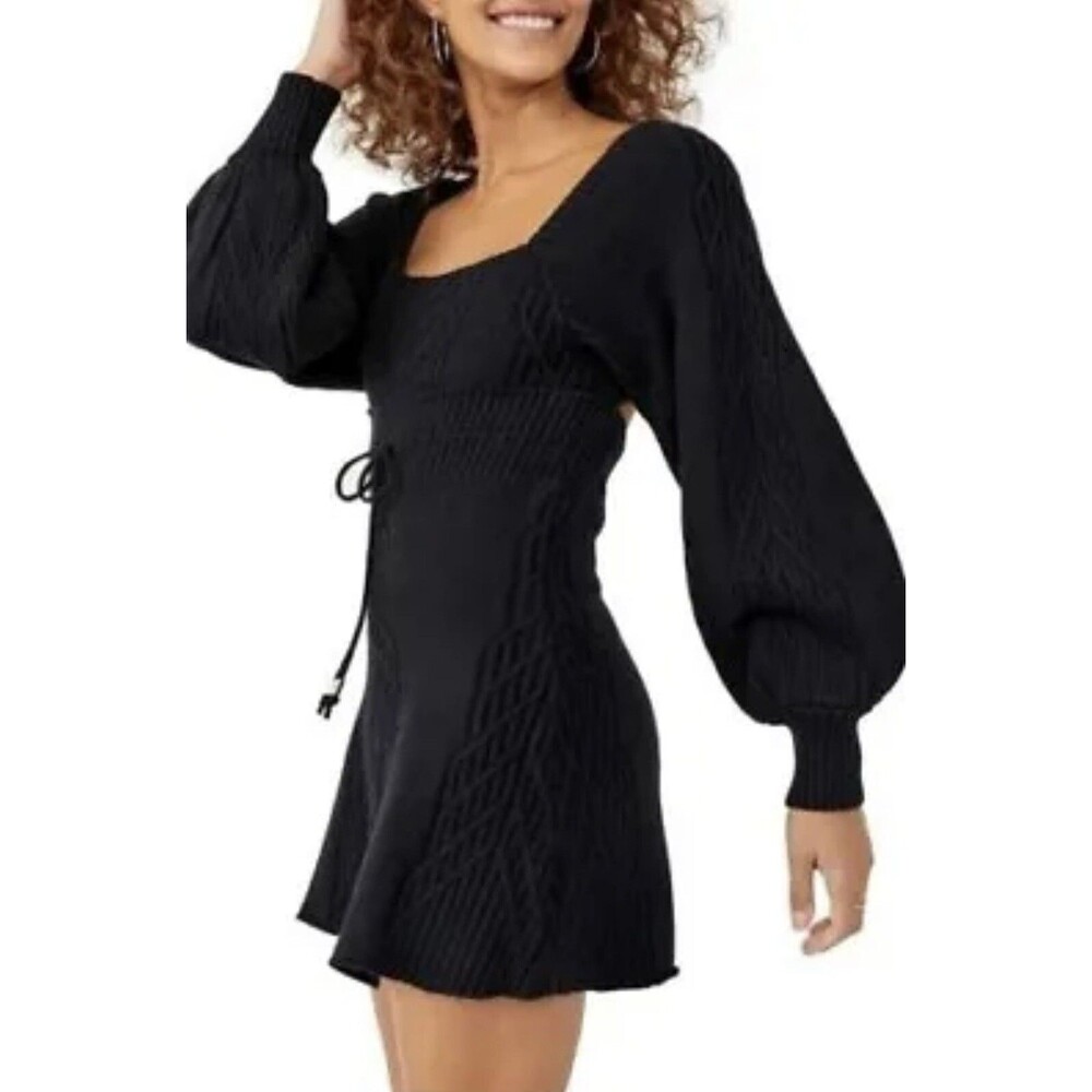 Free People Mini Sweater Dress Black Cable Knit Cut Out Emmaline Sexy Large